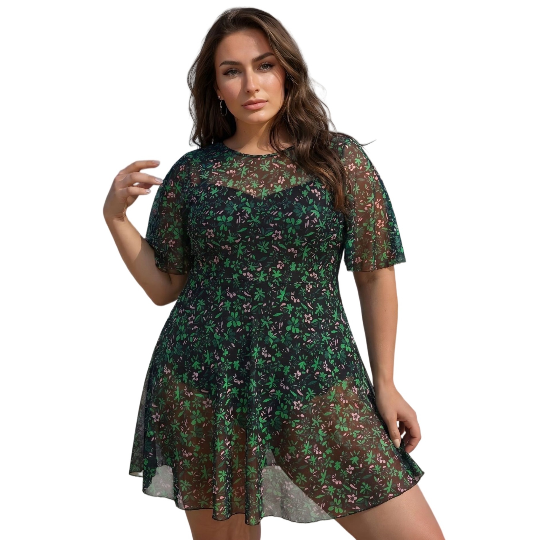 Plus Size Mesh Overlay One Piece Swimdress - 2026 High Waist Bikini